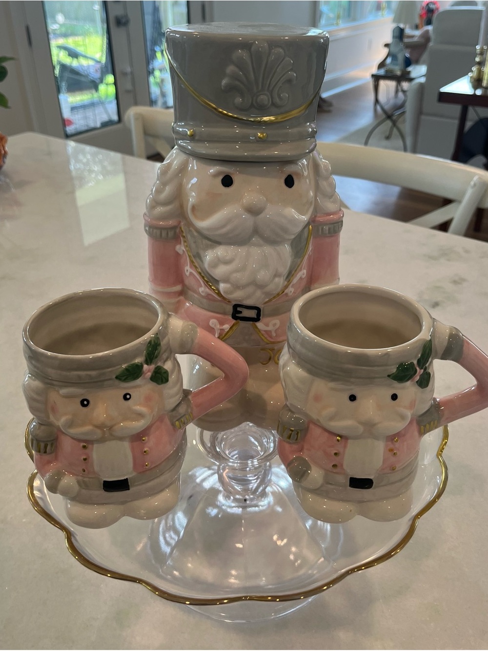 Festive Pink Ceramic Nutcracker Cookie Jar and Mug Set
